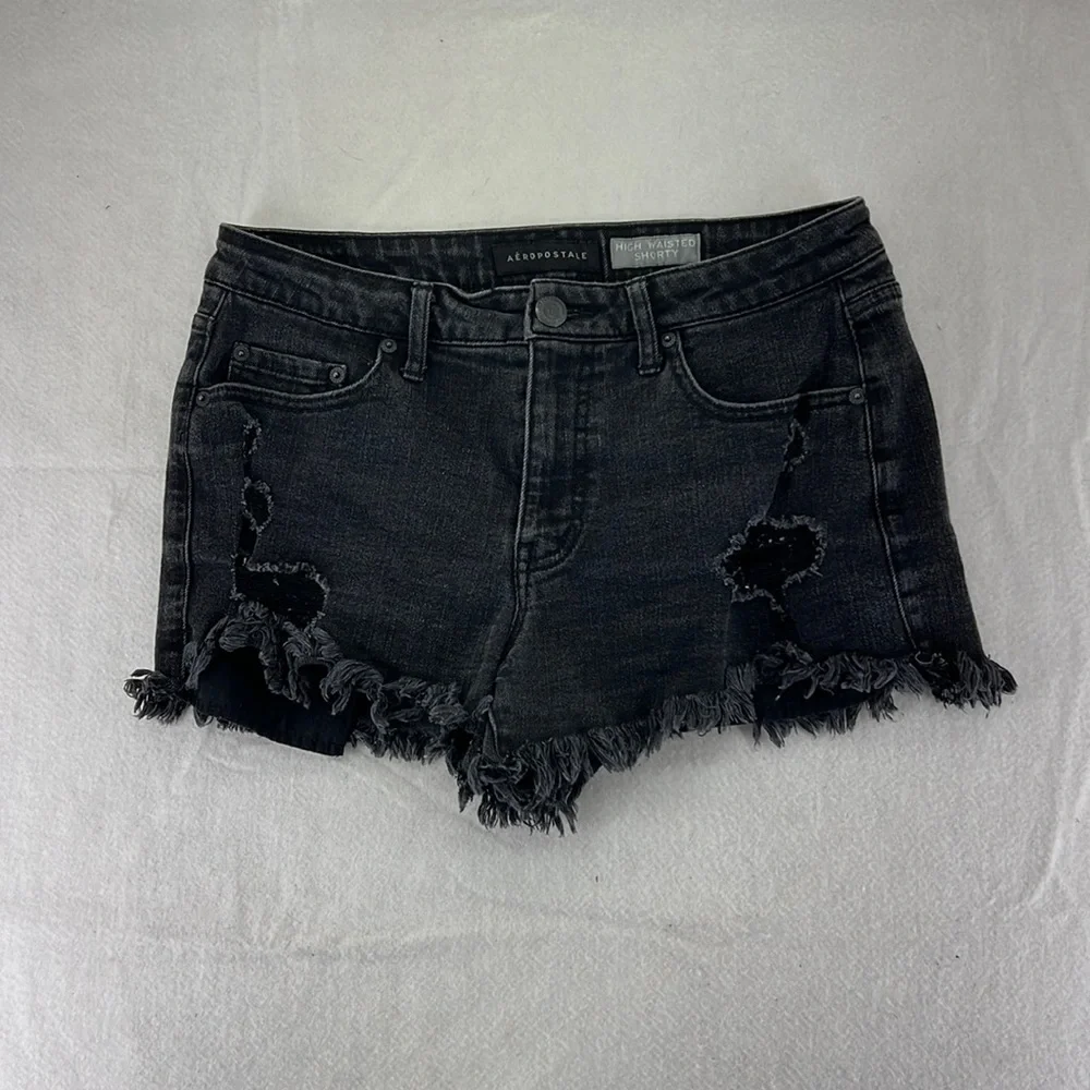 Aeropostale Black Jean Shorts High Waisted Shorty Distressed Womens Size 6